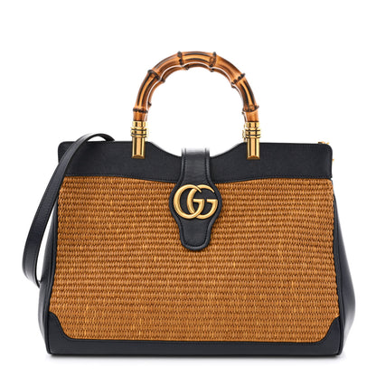 Gucci Straw Lux New Sakai Calfskin Lux Medium Dahlia Bamboo Handle Tote Bag Dark Natural Blue 1 of 14
