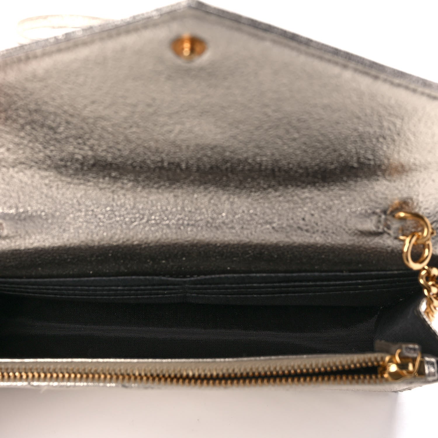 Saint Laurent Metallic Crackled Calfskin Matelasse Chevron Monogram Envelope Chain Wallet Gold 4 of 11