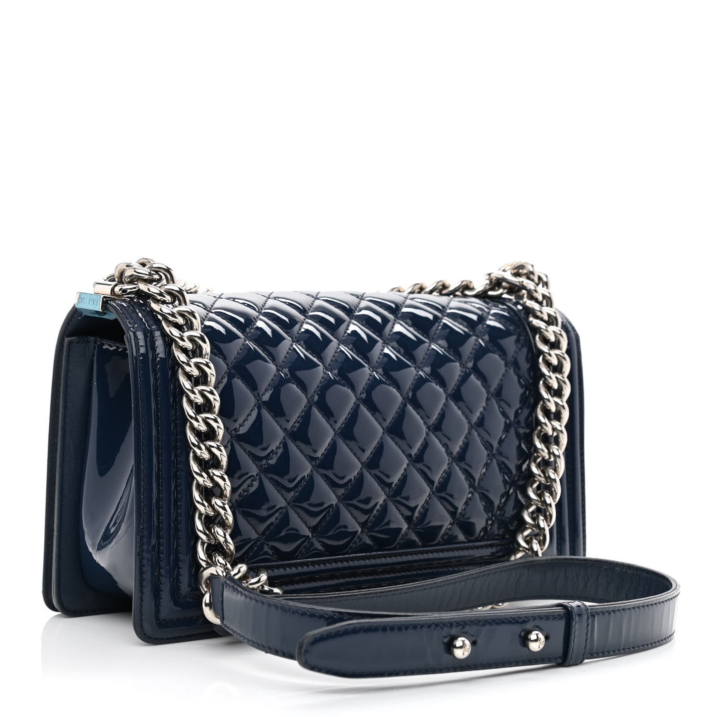 Patent Calfskin Quilted Medium Plexiglass Boy Flap Blue