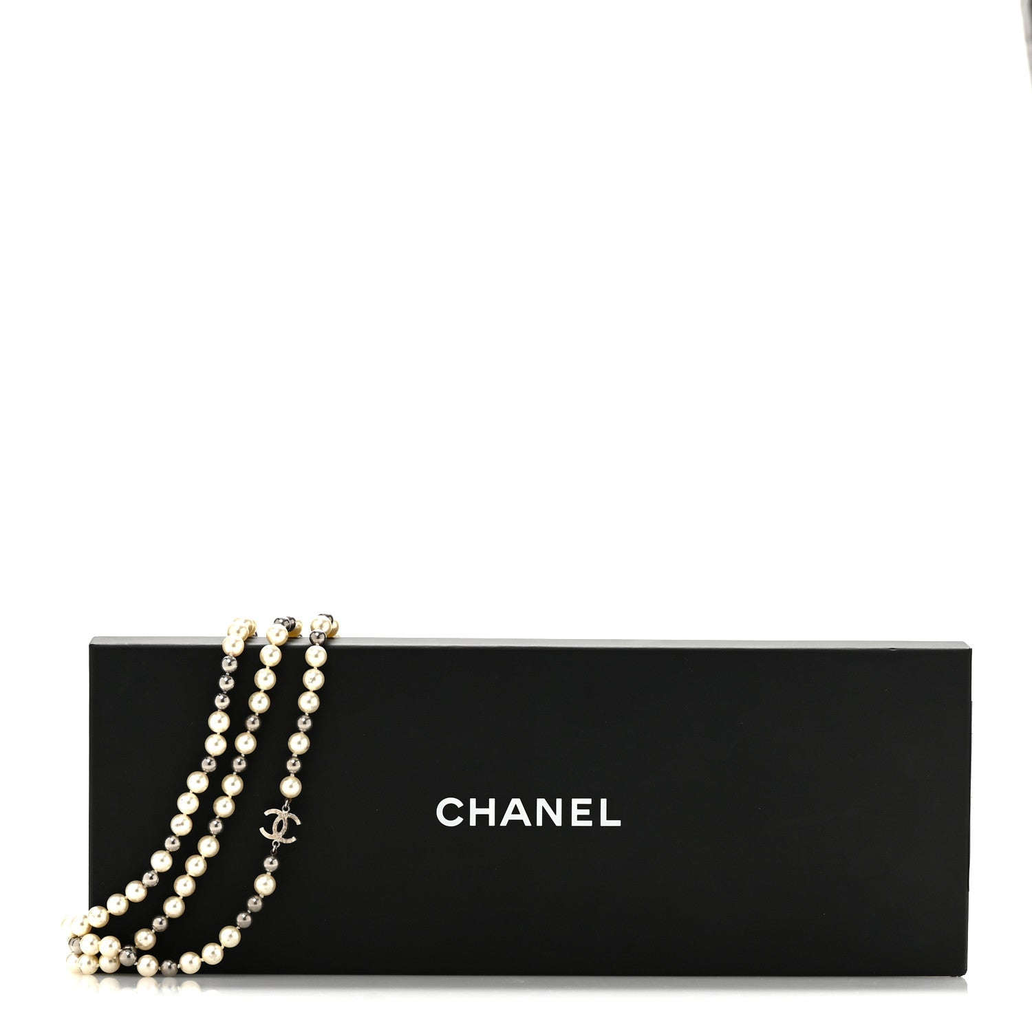Chanel Pearl CC Multi Strand Long Necklace Silver Pearly White Grey 6 of 6