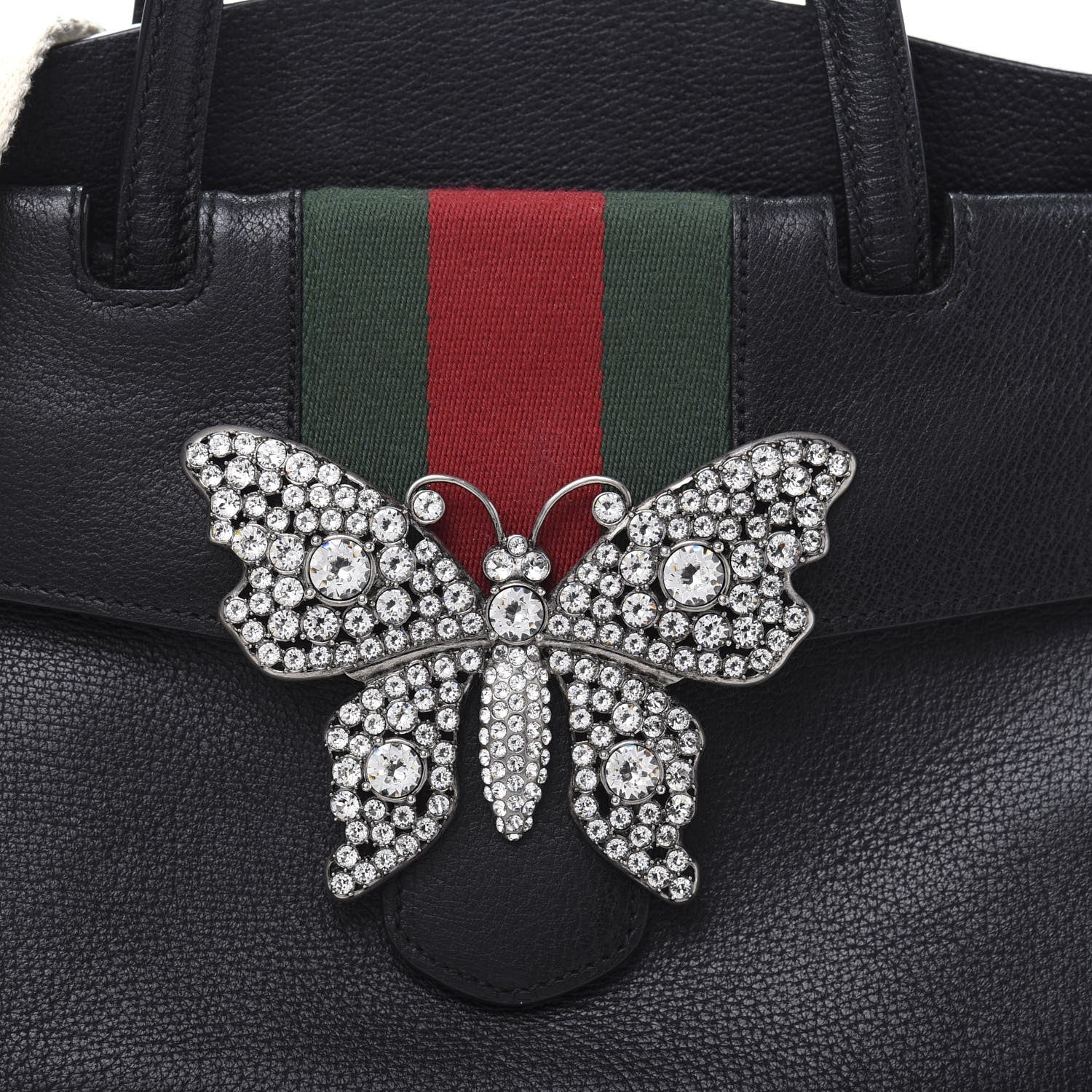 Gucci Grained Calfskin Web Crystal Butterfly Stripe Medium Totem Top Handle Bag Black 11 of 14