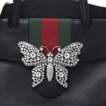 Gucci Grained Calfskin Web Crystal Butterfly Stripe Medium Totem Top Handle Bag Black 11 of 14
