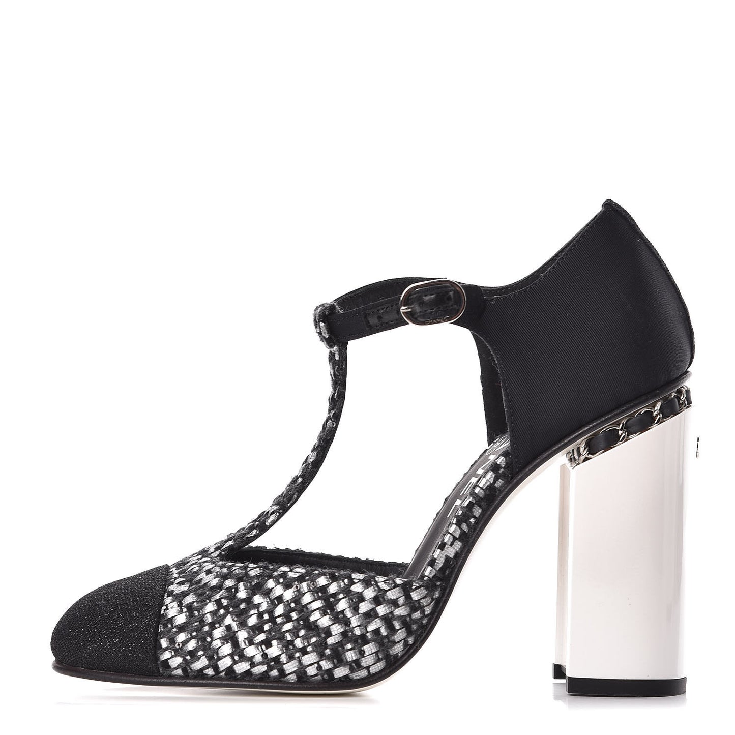Tweed Grosgrain Chain T-Strap Pumps 38.5 Black Silver