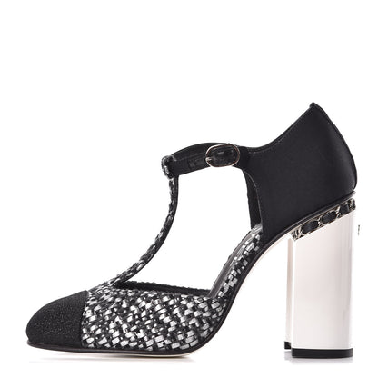 Chanel Tweed Grosgrain Chain T-Strap Pumps 38.5 Black Silver 1 of 9
