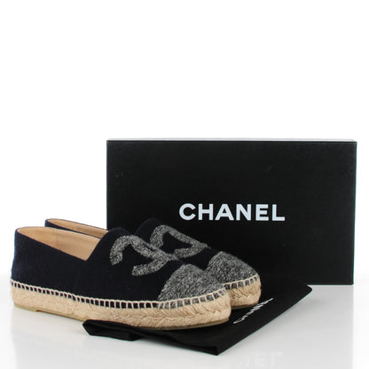 Chanel Velvet Tweed CC Espadrilles 38 Navy Grey 5 of 9