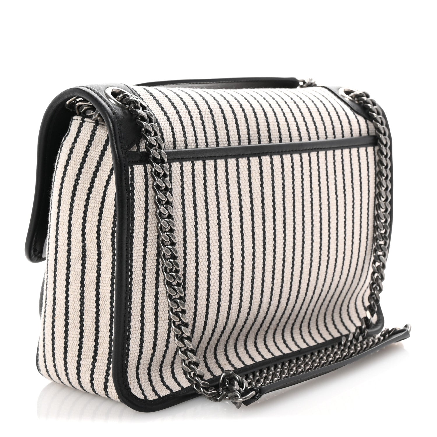 Saint Laurent Cotton Canvas Striped Vintage Calfskin Monogram Medium Niki Chain Satchel Grey Cream Black 3 of 9