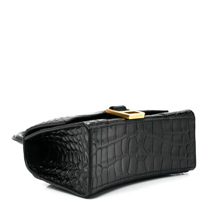 Balenciaga Shiny Calfskin Crocodile Embossed Hourglass Top Handle Bag XS Black 4 of 11