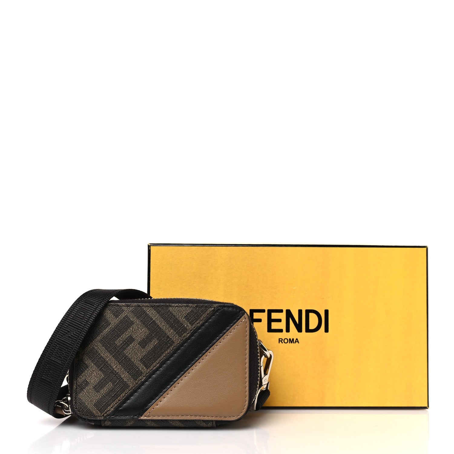 Fendi Glazed Fabric Vitello Cover FF 1974 Diagonal Bi-Color Mini Camera Case Tobacco Moro Sand Black 10 of 10