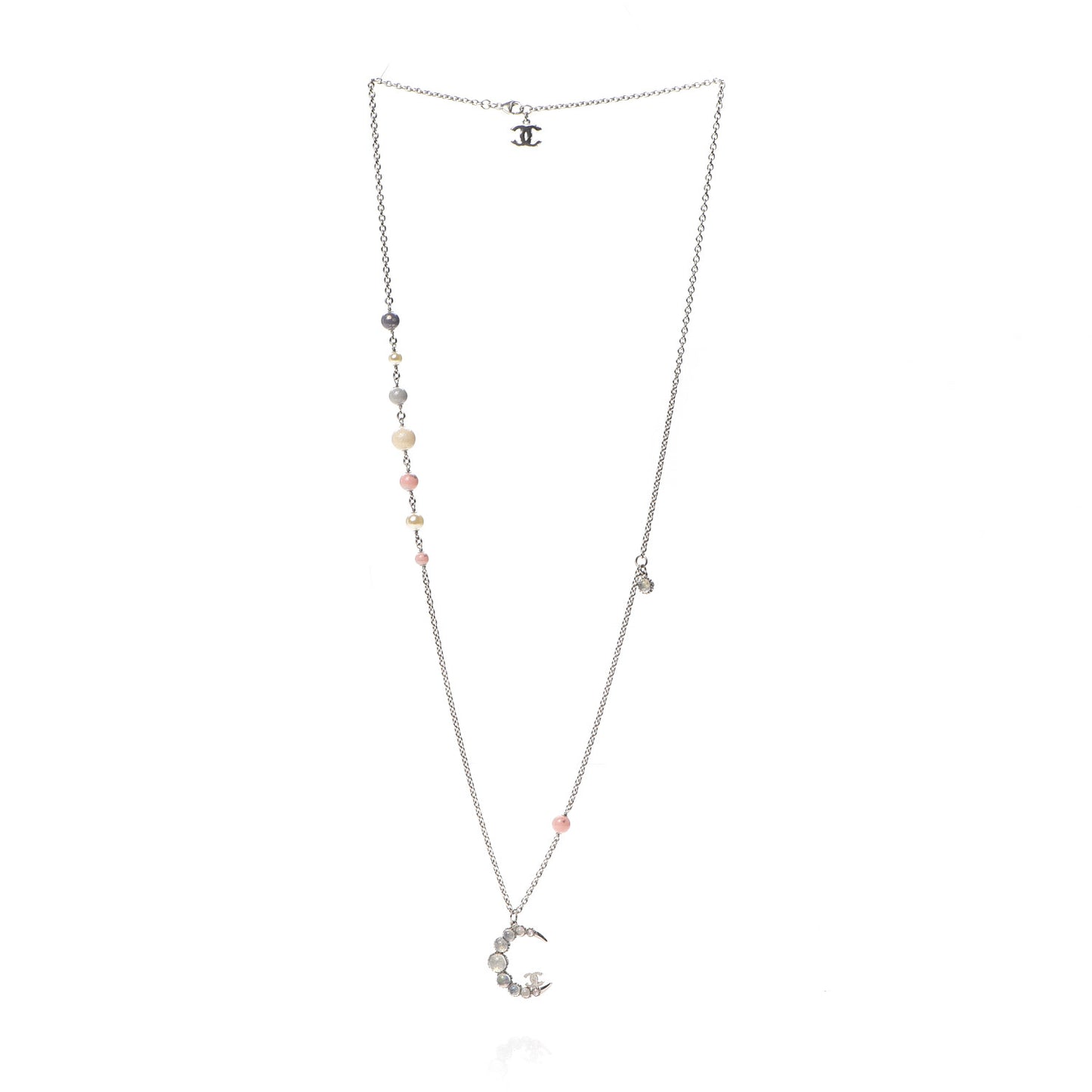 Beaded Moonstone CC Crescent Necklace Pink Silver Multicolor