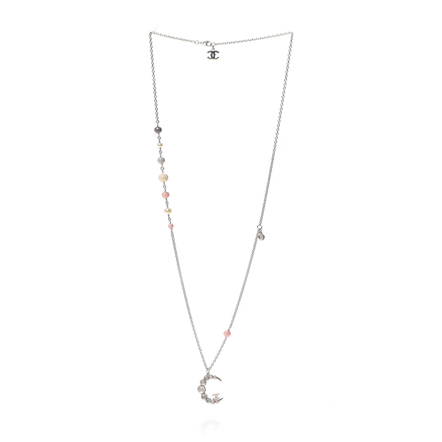 Chanel Beaded Moonstone CC Crescent Necklace Pink Silver Multicolor 2 of 4