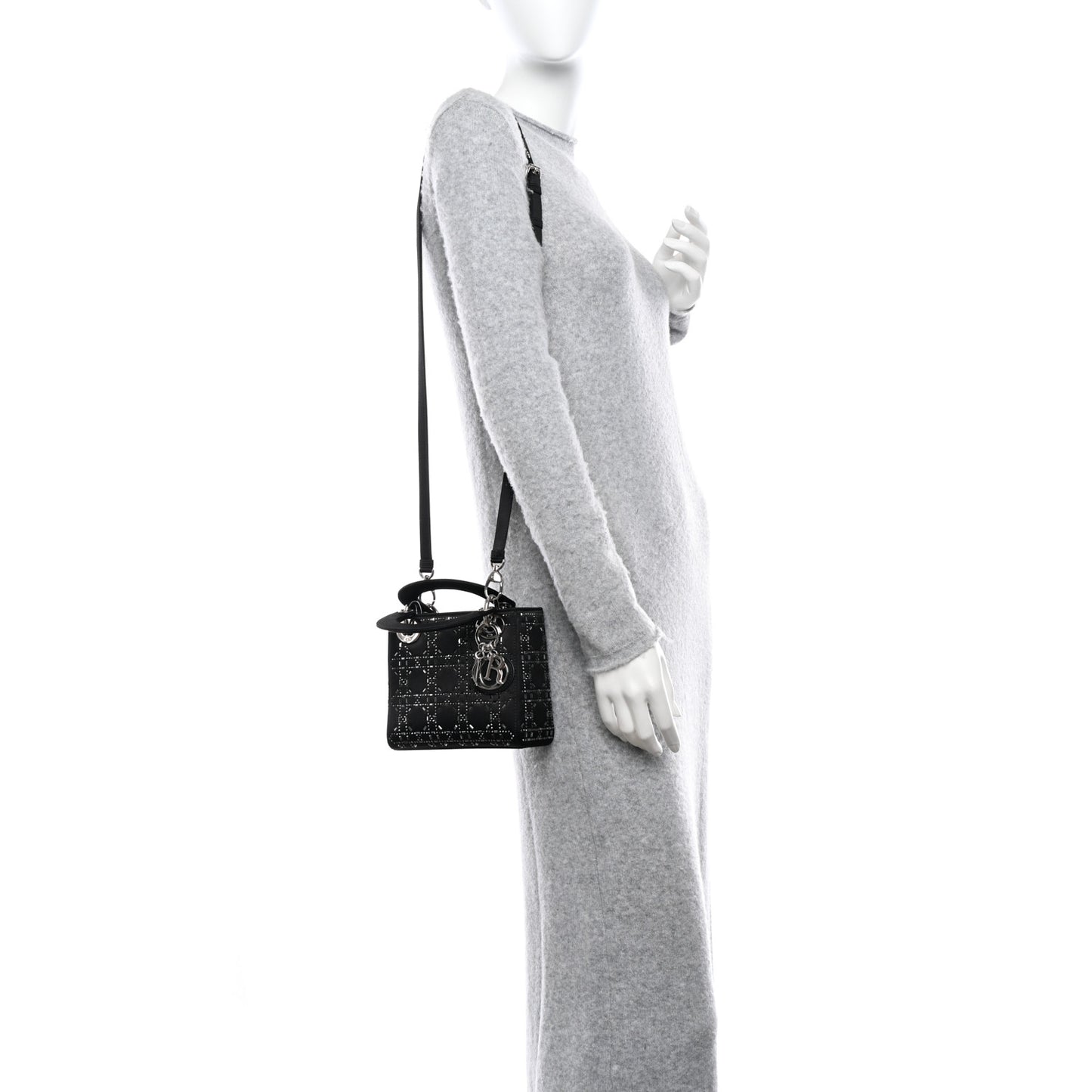 Satin Crystal Cannage Mini Lady Dior Black