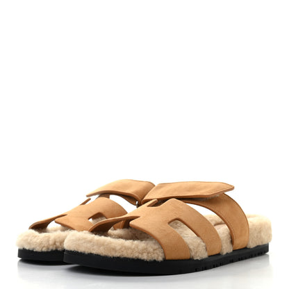 Hermes Suede Goatskin Woolskin Womens Chypre Sandals 37 Golden Beige 3 of 10