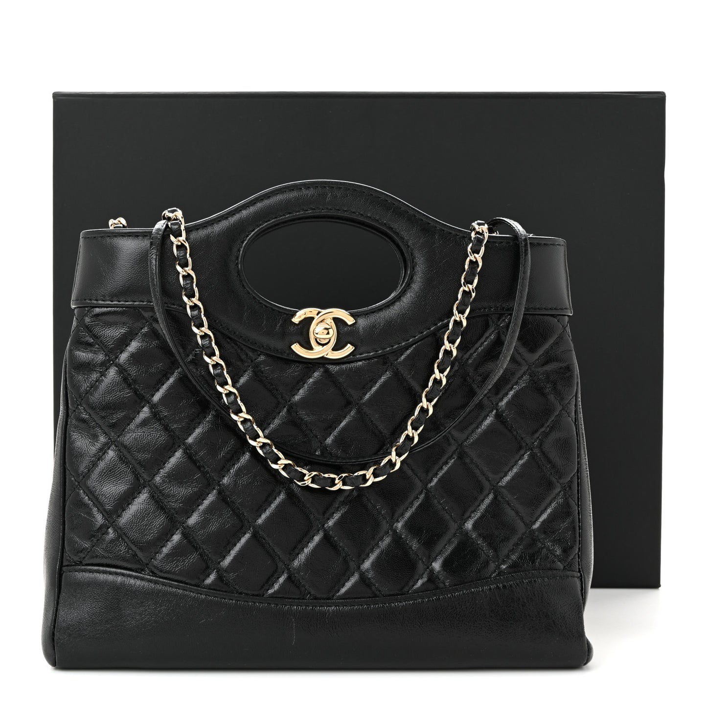Shiny Crumpled Calfskin Quilted Mini 31 Shopping Bag Black