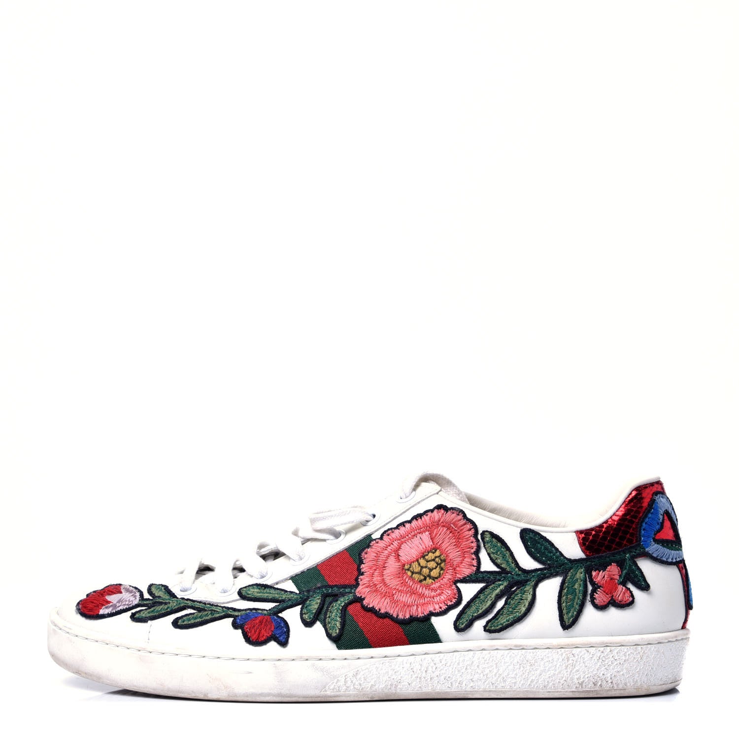Gucci Metallic Calfskin Floral Embroidered Ace Sneakers 40 White 1 of 11