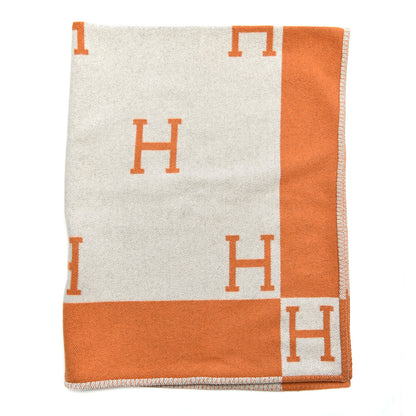 Hermes Wool Cashmere Signature Classic Avalon Blanket Ecru Potiron 1 of 3