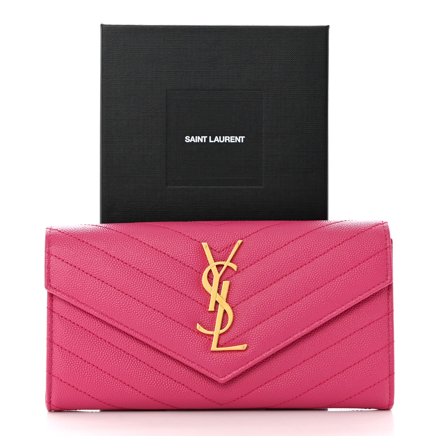 Saint Laurent Grain De Poudre Matelasse Chevron Monogram Flap Wallet Fuxia 8 of 8