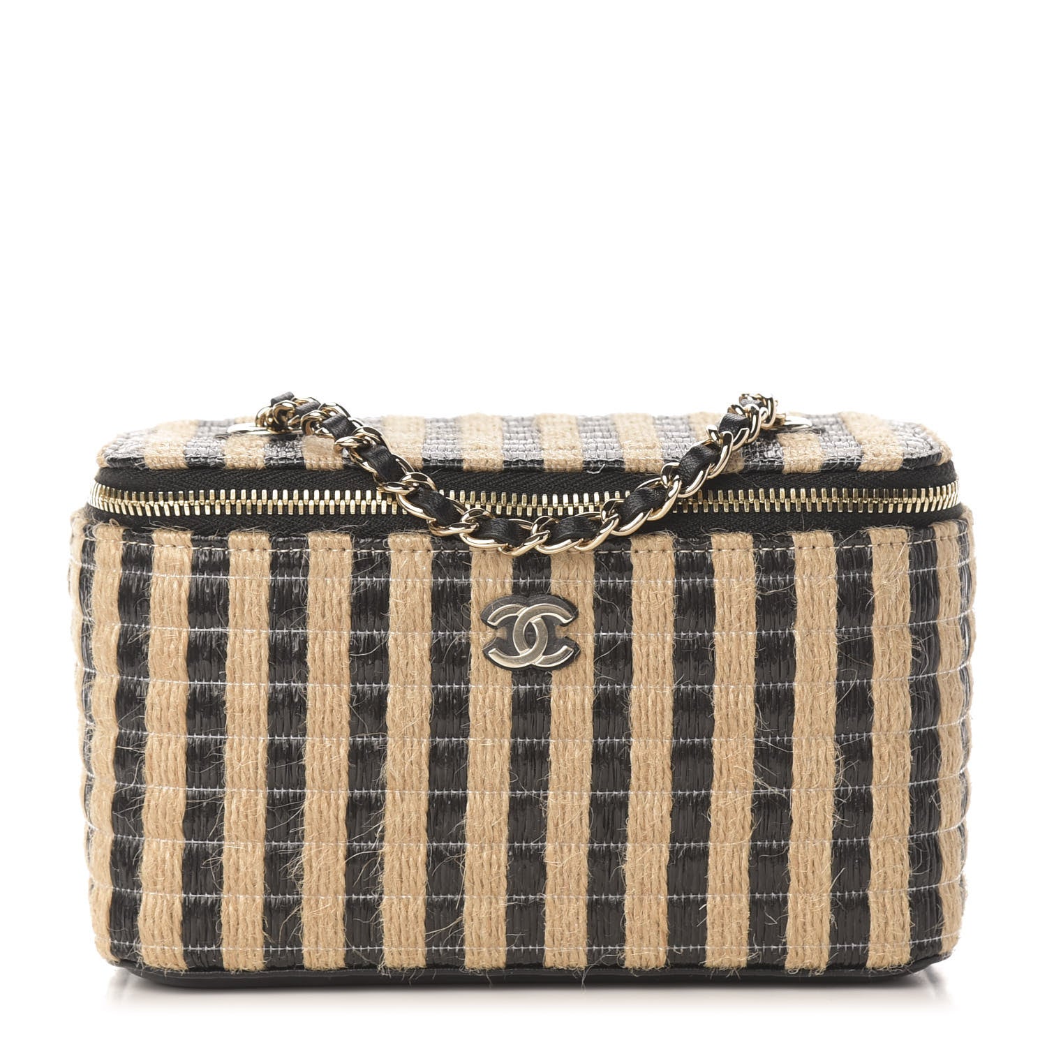 Chanel Raffia Jute Striped Small Vanity Case With Chain Black Beige 1 of 10
