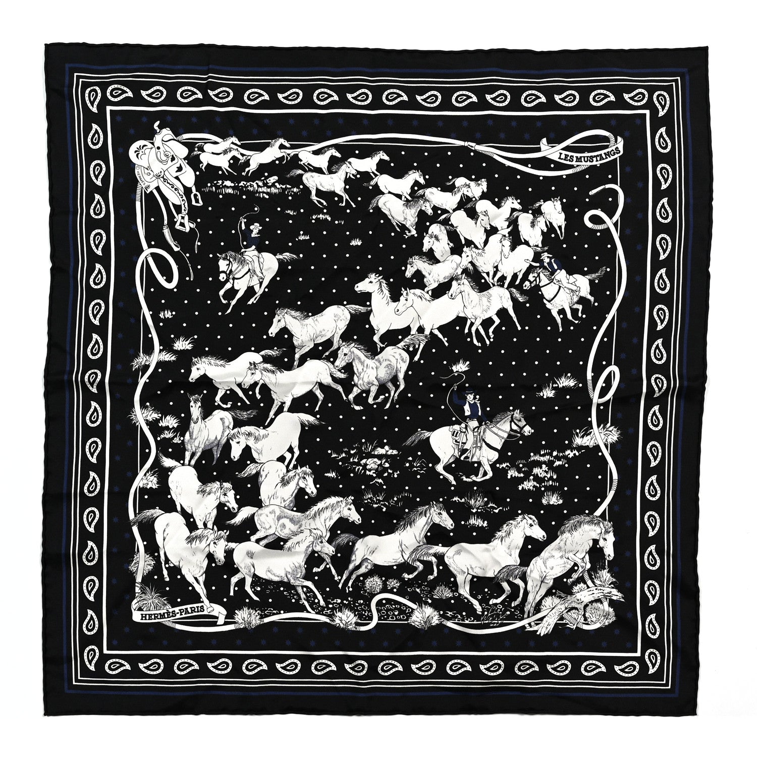 Hermes Silk Les Mustangs Bandana 55 Marine Black White 1 of 3