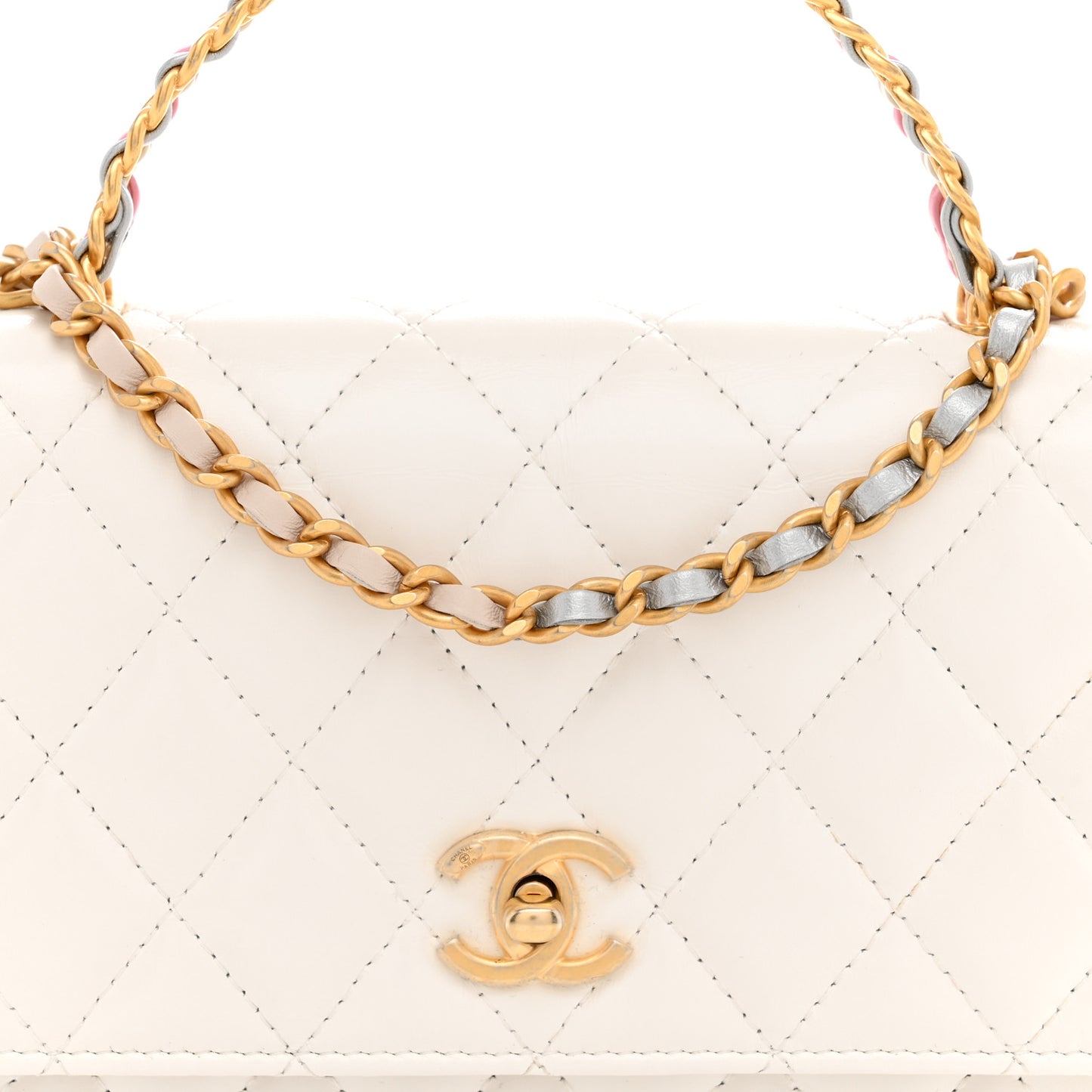 Shiny Calfskin Quilted Multicolor Top Handle Wallet On Chain WOC White