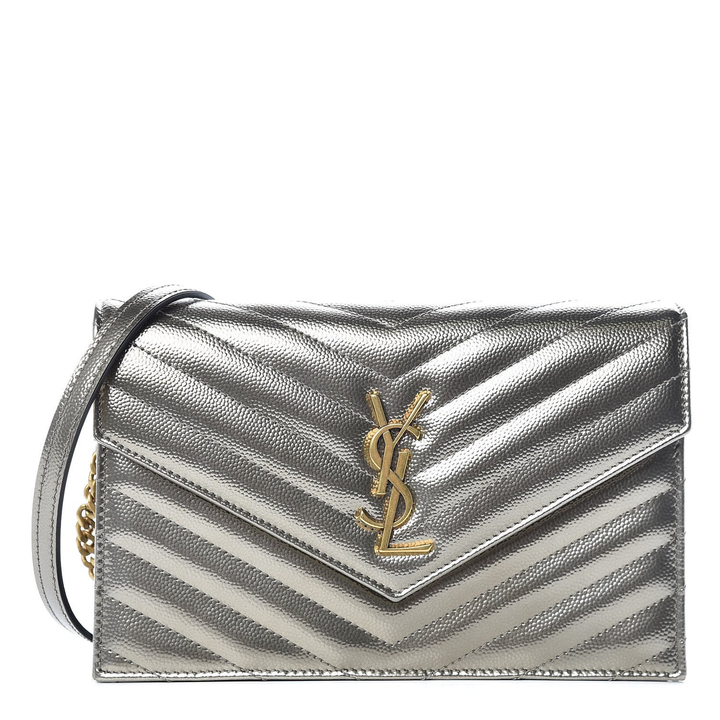 Metallic Grain De Poudre Matelasse Chevron Monogram Envelope Chain Wallet Piombo Black