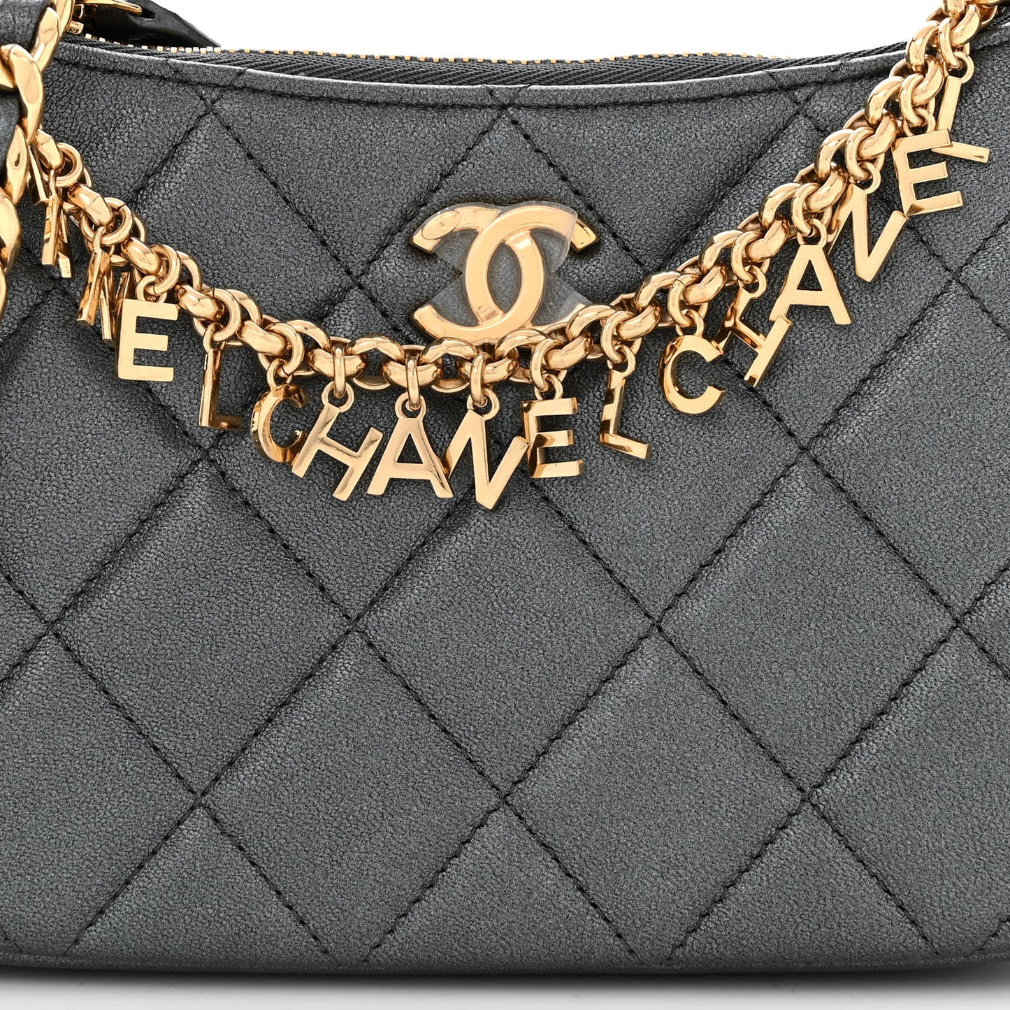Metallic Lambskin Quilted Charms Hobo Bag Dark Grey