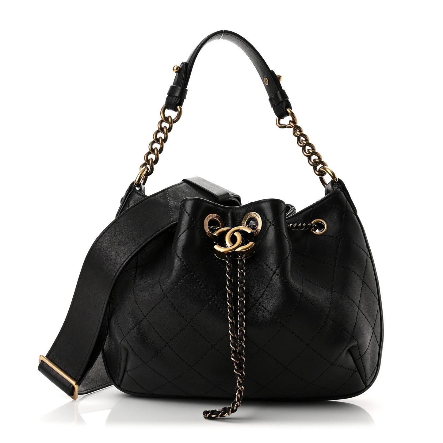 Calfskin Stitched Small Paris Rome Drawstring CC Bag Black