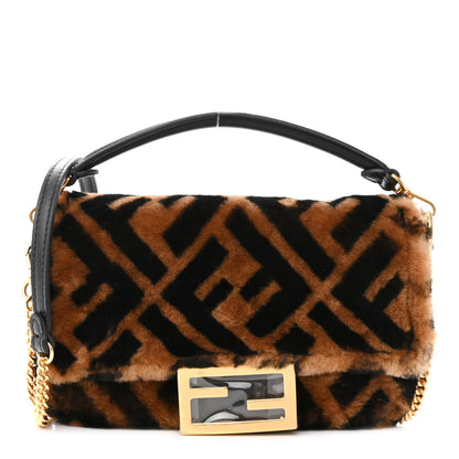 Fendi Shearling Vitello Dolce Macro FF 1974 Mini Baguette Tobacco Black 1 of 10