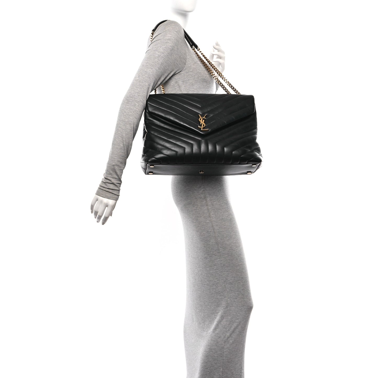 Calfskin Y Quilted Monogram Large Loulou Chain Satchel Black