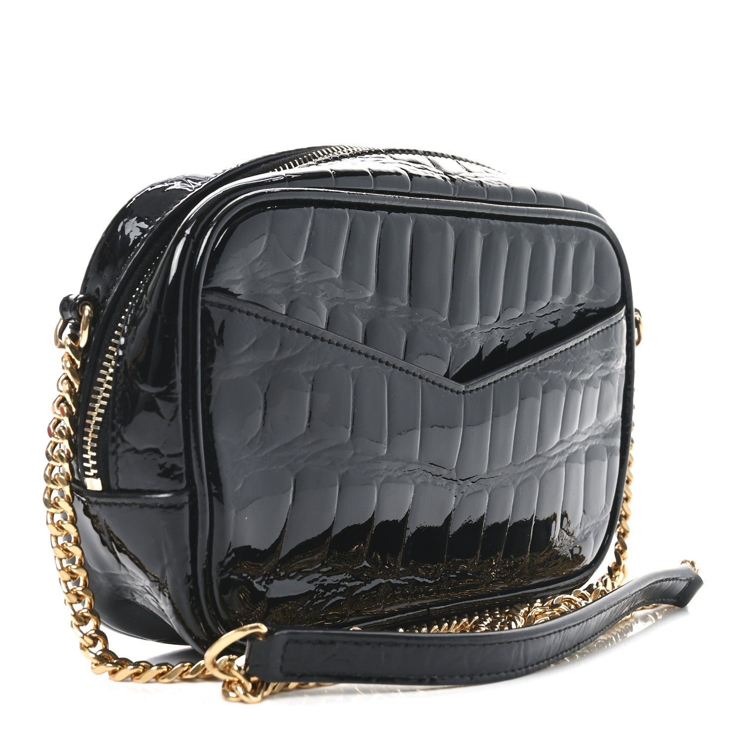 Saint Laurent Patent Calfskin Crocodile Embossed Monogram Mini Lou Camera Bag Black 3 of 10