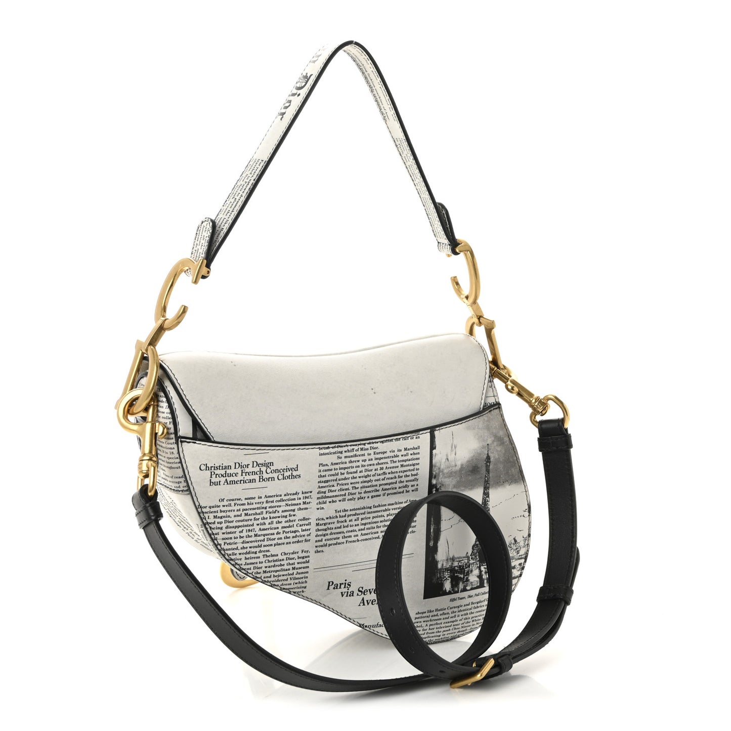 Calfskin Newspaper Printed Saddle Bag With Strap Black White