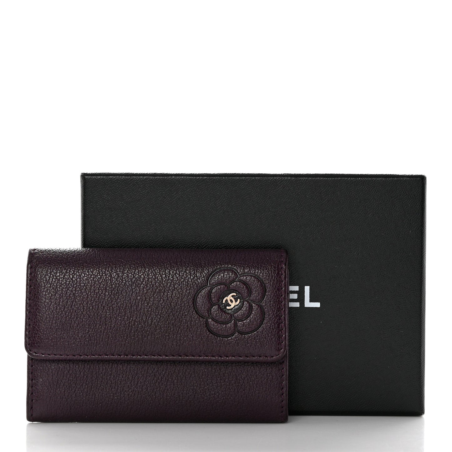 Goatskin Embossed Camellia Flap Card Holder Purple