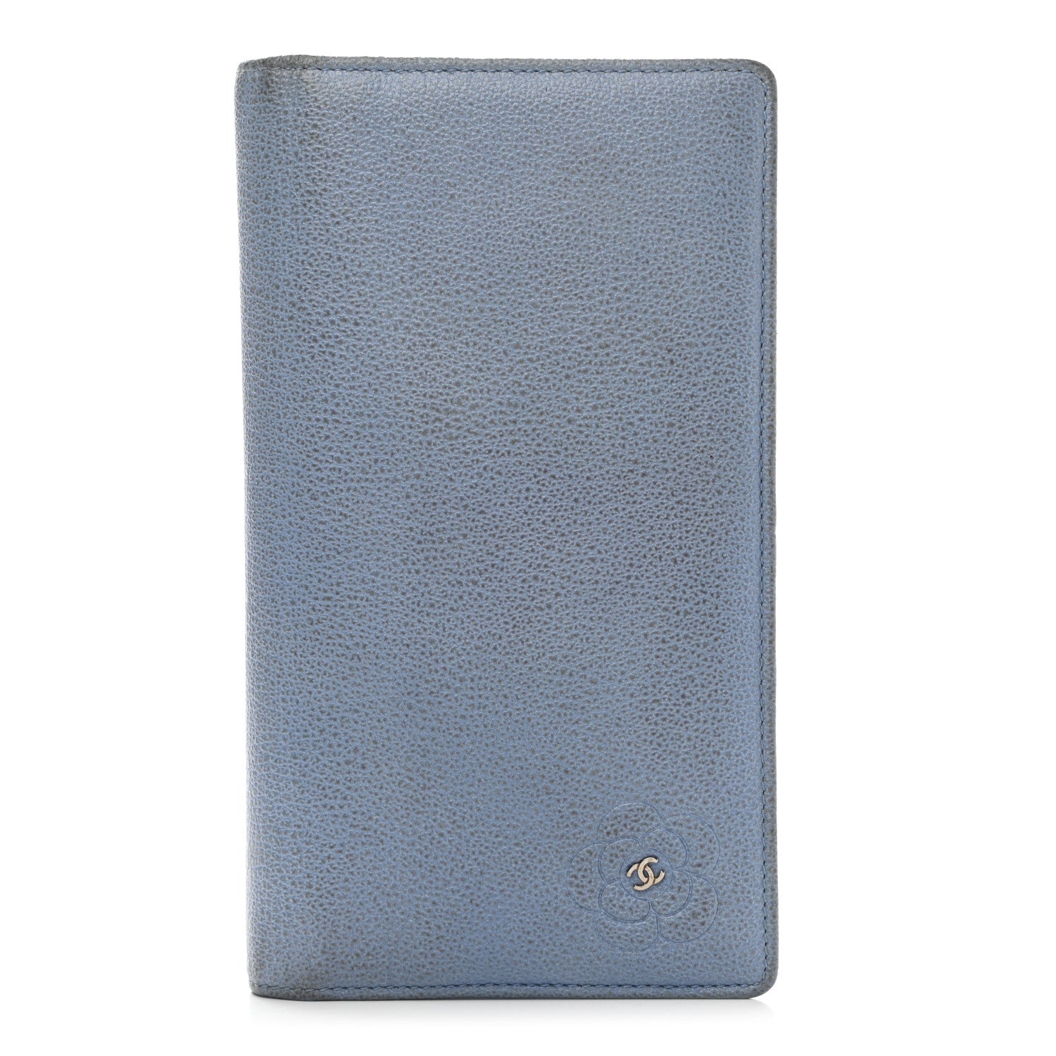 Chanel Goatskin Camellia Embossed Yen Wallet Blue 1 of 12