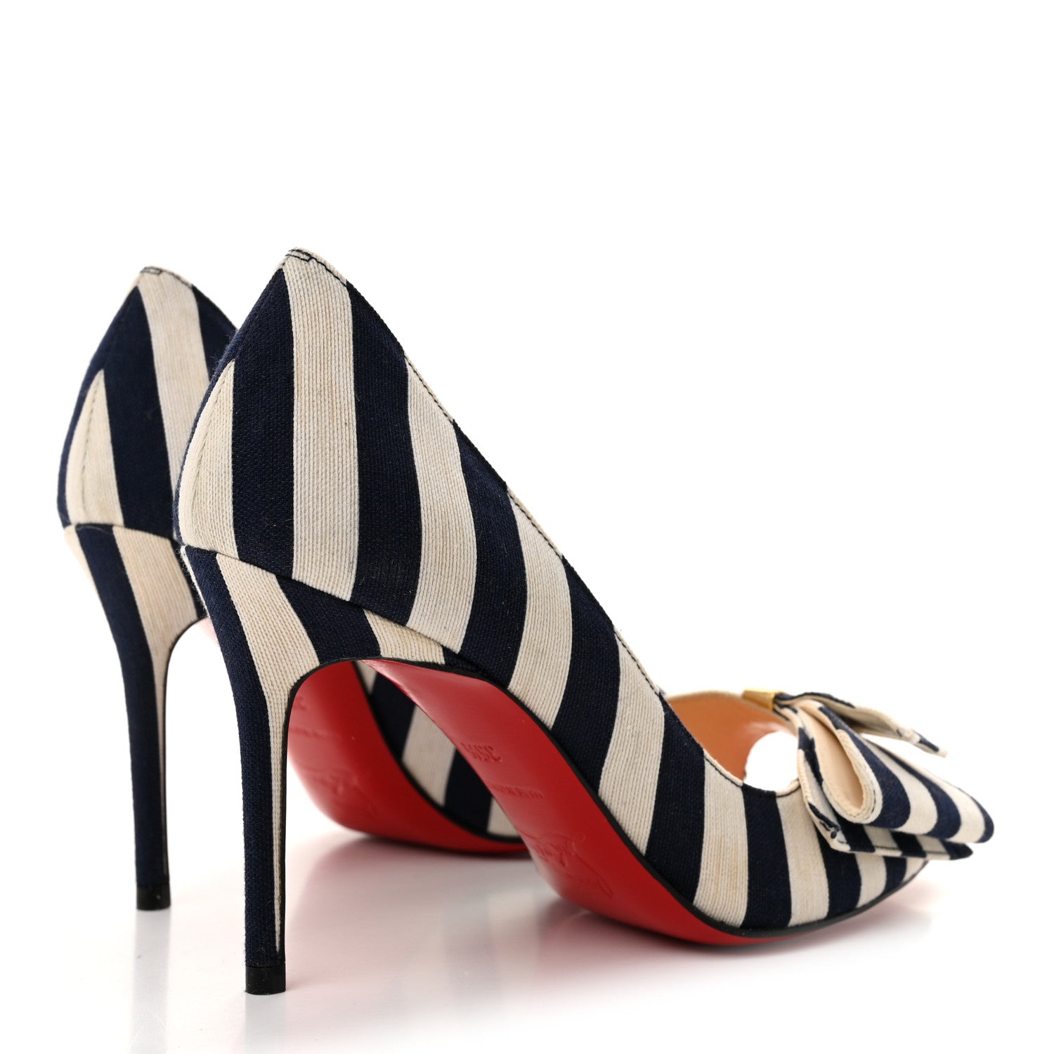 Christian Louboutin Canvas Striped Just Soon 85 Peep Toe Pumps 35.5 Navy White 5 of 9