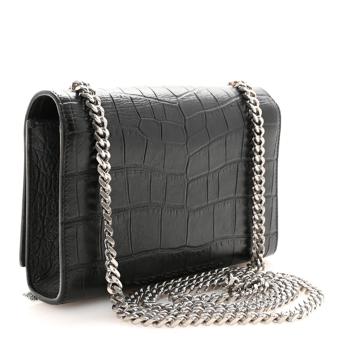 Calfskin Crocodile Embossed Small Classic Monogram Kate Tassel Satchel Black