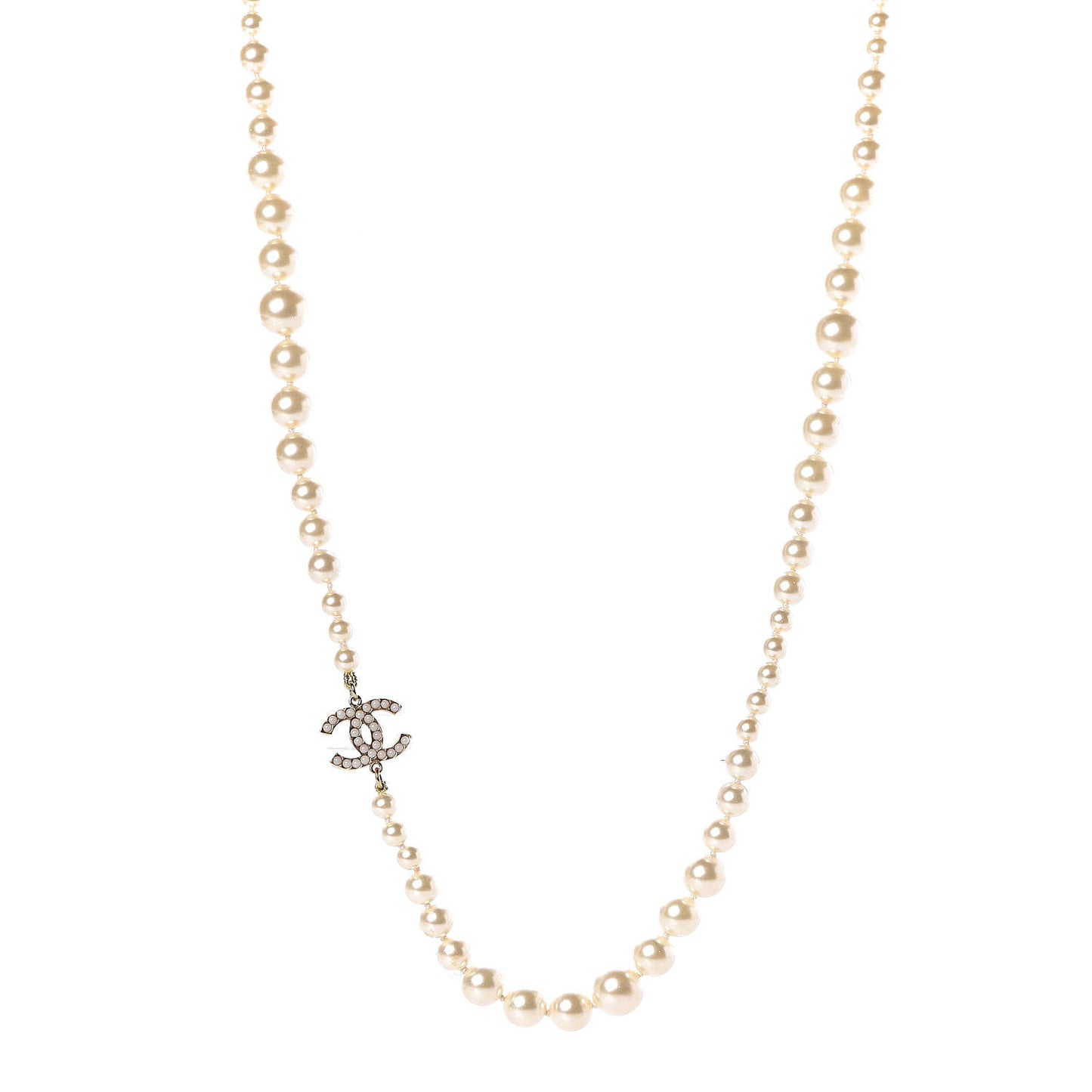 Graduated Pearl CC Long Necklace Light Gold