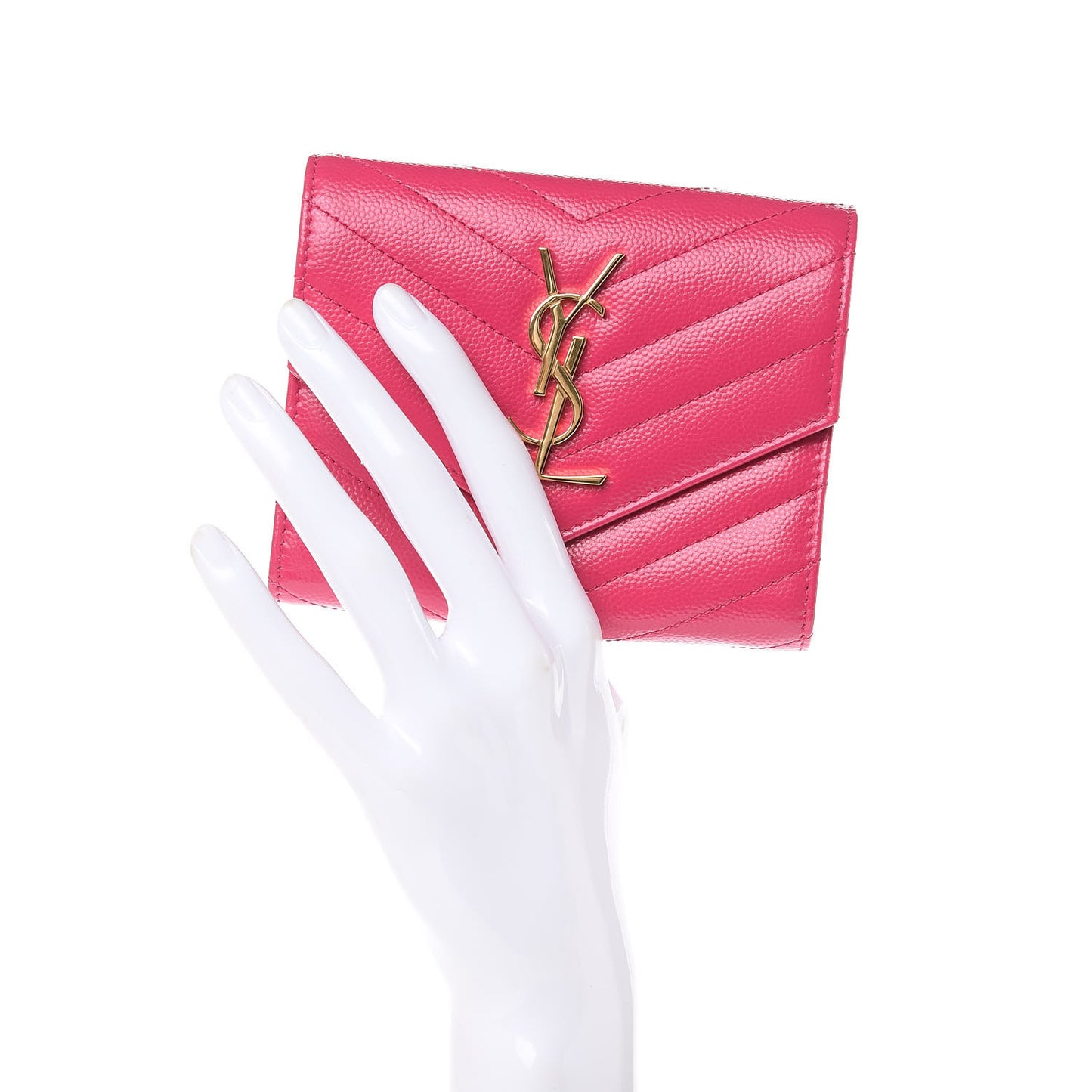 Grain De Poudre Matelasse Chevron Monogram Compact Tri Fold Wallet Fuschia