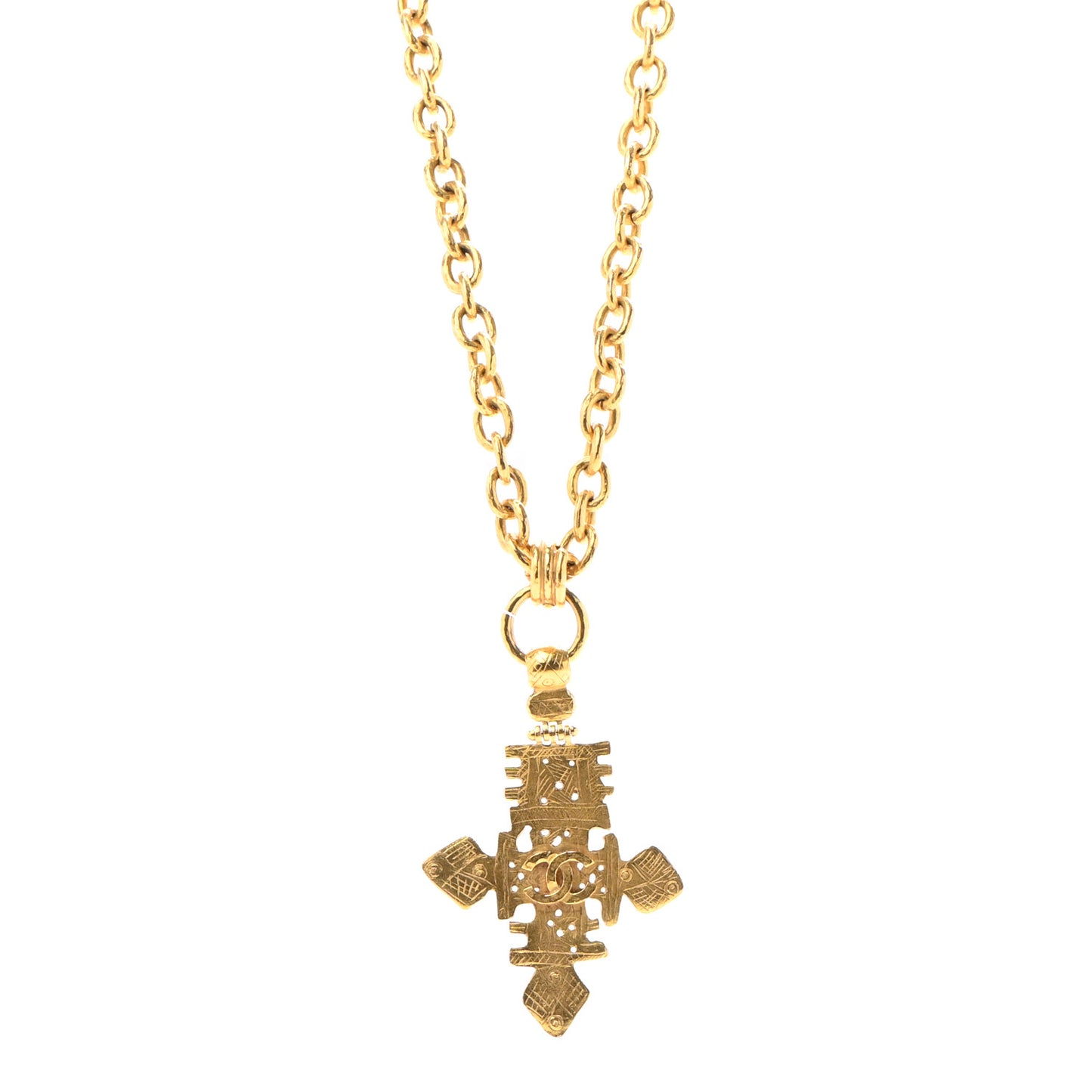 Long CC Cross Pendant Necklace Gold