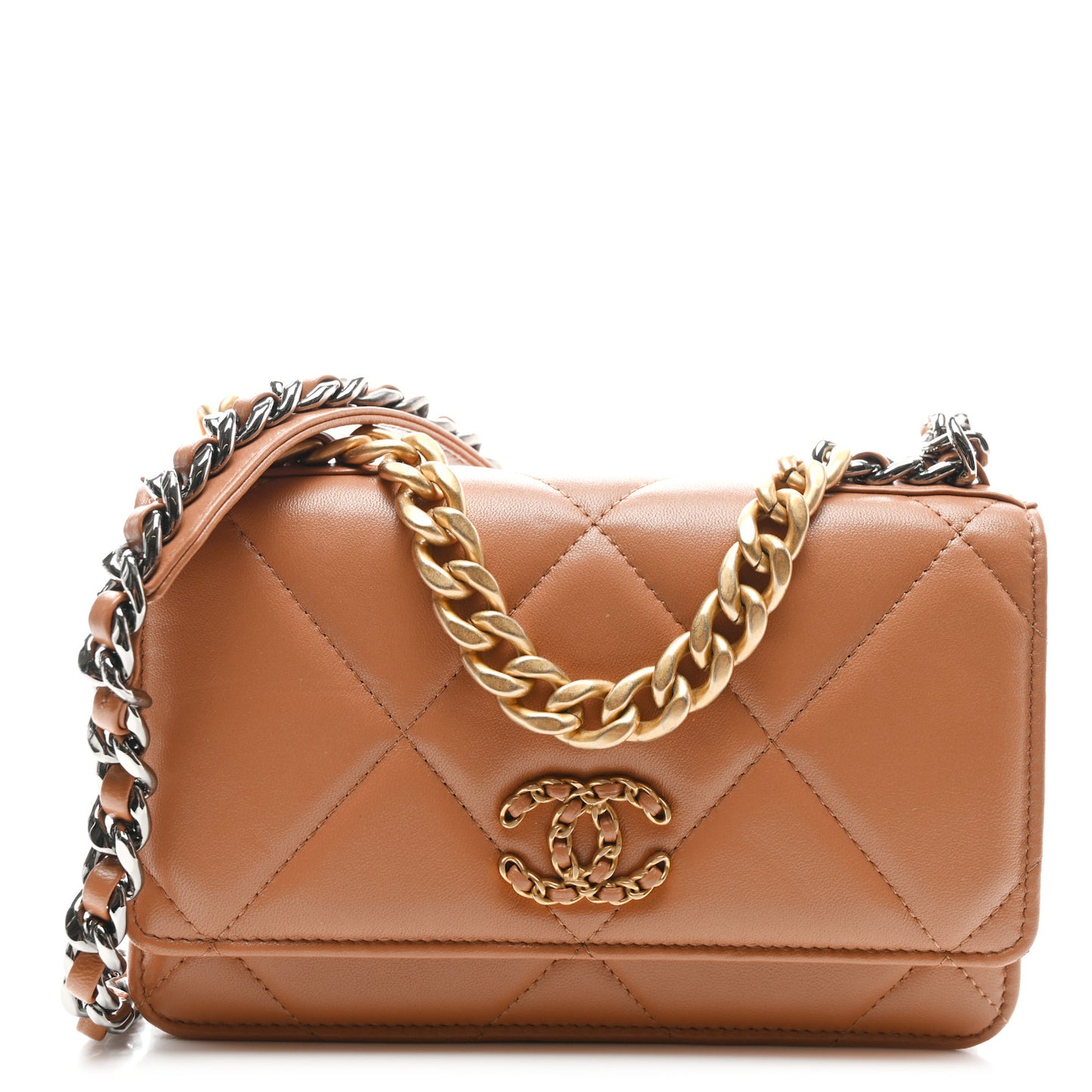 Lambskin Quilted Chanel 19 Wallet On Chain WOC Brown