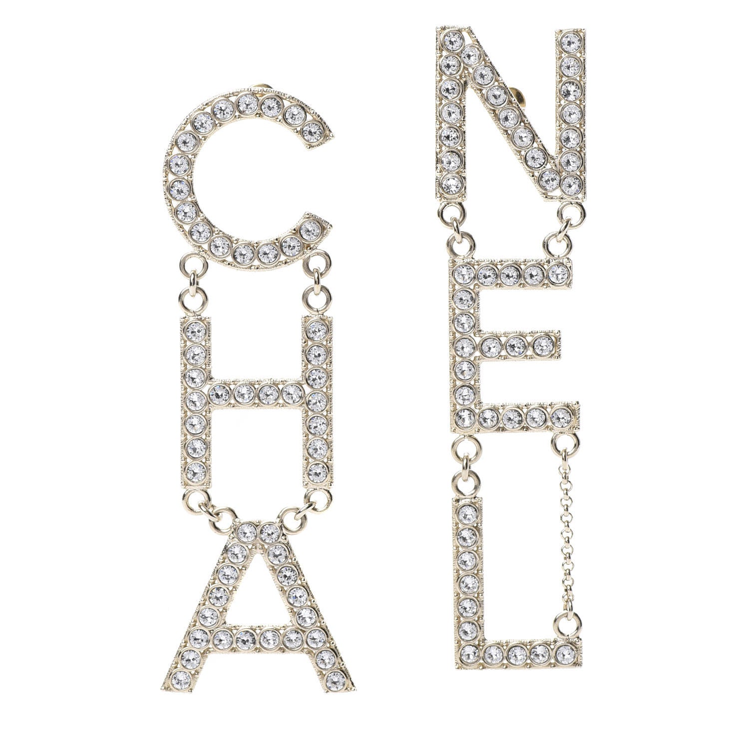 Chanel Crystal Cha-Nel Logo Drop Earrings Gold 1 of 6