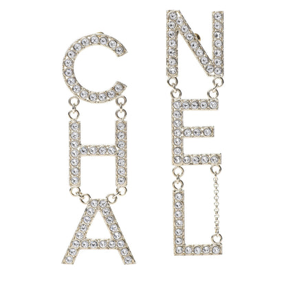 Chanel Crystal Cha-Nel Logo Drop Earrings Gold 1 of 6