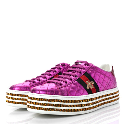 Gucci Laminated Nappa Crystal Web Bee Embroidered Trapuntata Womens Ace Platform Sneakers 37.5 Fuxia 3 of 9