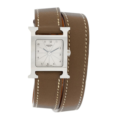 Hermes Stainless Steel Swift 21mm Heure H Hour Double Tour Quartz Watch Etoupe 1 of 5