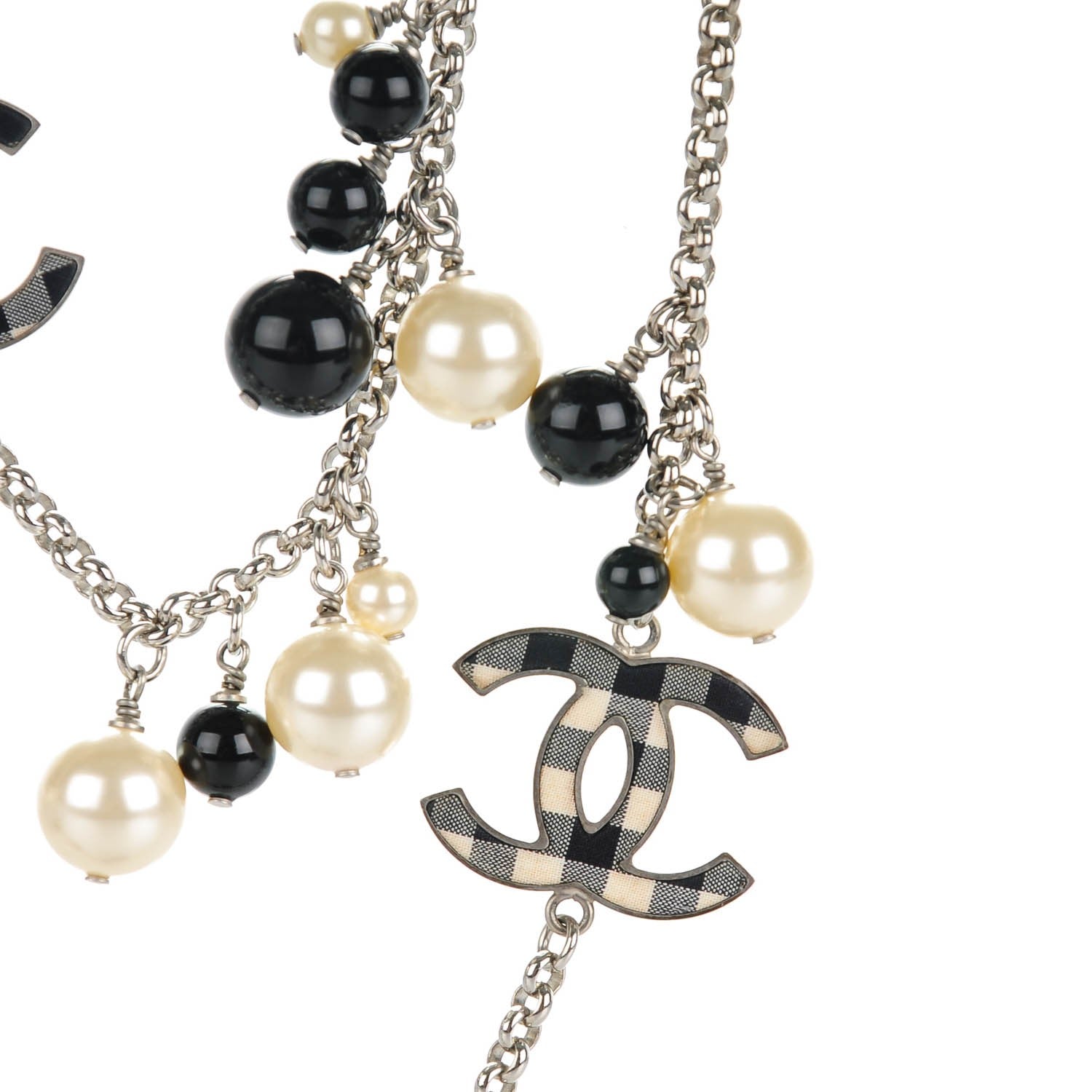Chanel Pearl Beaded Gingham CC Long Necklace Black 5 of 7