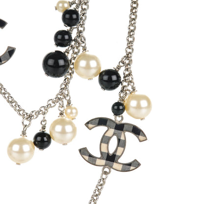 Chanel Pearl Beaded Gingham CC Long Necklace Black 5 of 7