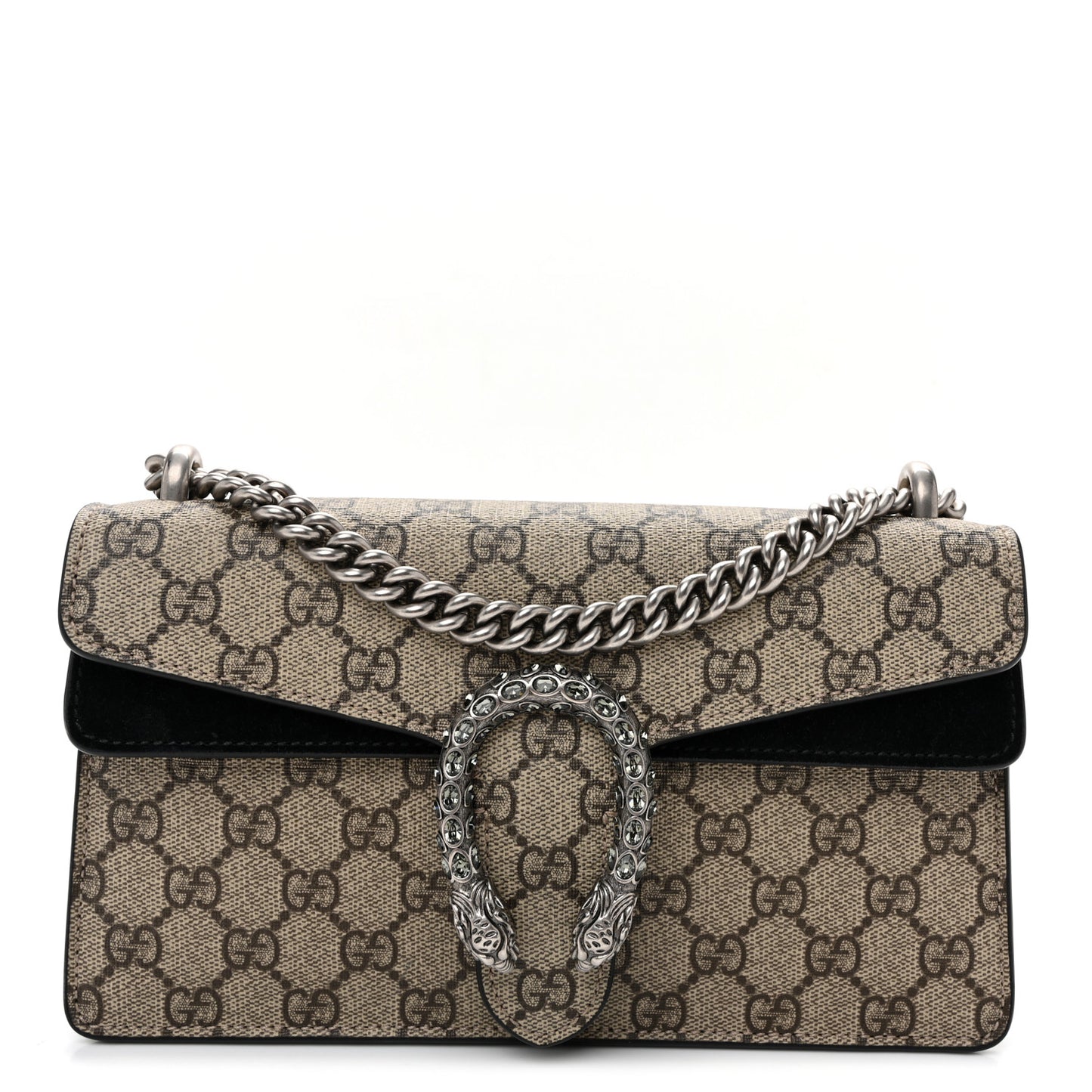 GG Supreme Monogram Suede Crystal Small Dionysus Shoulder Bag Beige Ebony Black