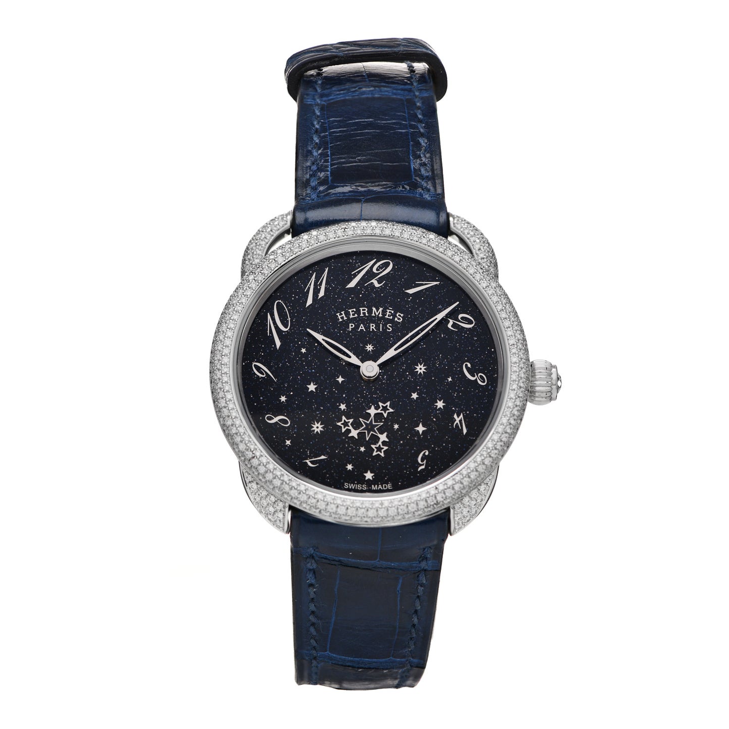 18K White Gold Alligator Diamond Bezel Aventurine 34mm Arceau Automatic Watch Bleu Saphir