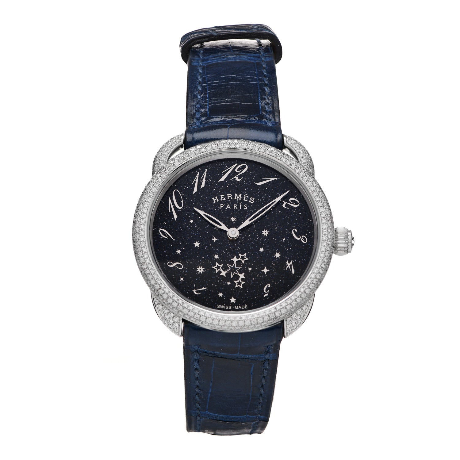 Hermes 18K White Gold Alligator Diamond Bezel Aventurine 34mm Arceau Automatic Watch Bleu Saphir 1 of 5