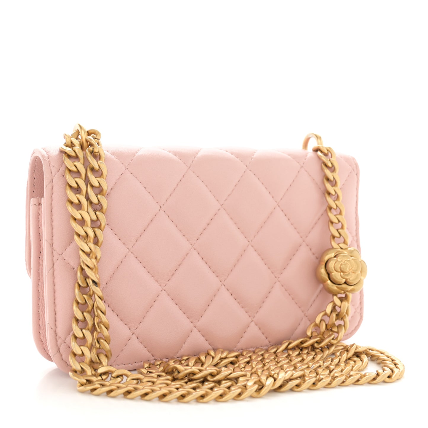 Lambskin Quilted Sweet Camellia Flap Phone Holder With Chain Pink