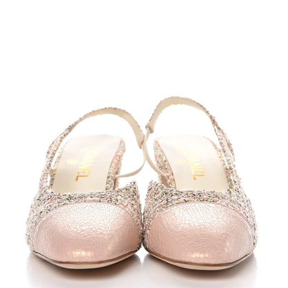 Chanel Tweed Patent Cap Toe CC Slingback Pumps 39.5 Pink 2 of 10