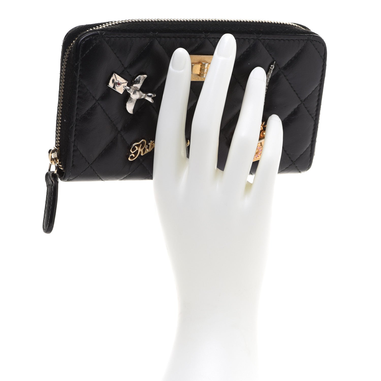 Chanel Aged Calfskin Quilted Small Lucky Charms 2.55 Reissue Zip Around Wallet Black 2 of 11